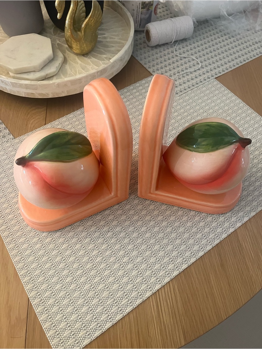 Peach Ceramic Bookends - Peach and Green Decorative Set
